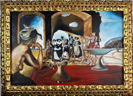 Salvador Dali (Oil on Canvas Painting) in the style of: Rendered in the surrealist style of Salvador Dali. Technique: Oil on canvas Painting. Measures: 21 x 29 Inches. Provenance: Private Collection. "In the style of" means after the artist. Art comes