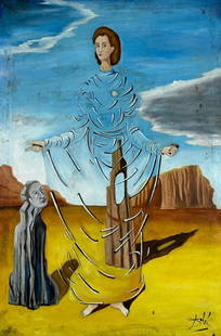 Salvador Dali (Oil on Canvas Painting) in the style of: Rendered in the surrealist style of Salvador Dali. Technique: Oil on canvas Painting. Measures: 23 x 15 Inches. Provenance: Private Collection. "In the style of" means after the artist. Art comes