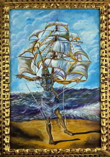 Salvador Dali (Oil on Canvas Painting) in the style of: Rendered in the surrealist style of Salvador Dali. Technique: Oil on canvas Painting. Measures: 29 x 21 Inches. Provenance: Private Collection. "In the style of" means after the artist. Art comes