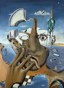 Salvador Dali (Oil on Canvas Painting) in the style of: Rendered in the surrealist style of Salvador Dali. Technique: Oil on canvas Painting. Measures: 20 x 28 Inches. Provenance: Private Collection. "In the style of" means after the artist. Art comes