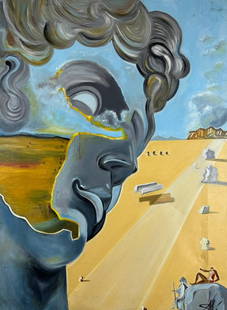 Salvador Dali (Oil on Canvas Painting) in the style of: Rendered in the surrealist style of Salvador Dali. Technique: Oil on canvas Painting. Measures: 20 x 28 Inches. Provenance: Private Collection. "In the style of" means after the artist. Art comes