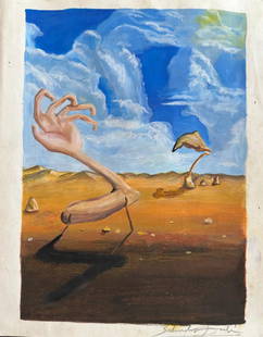 Salvador Dali (Mixed media on Paper Painting) in the style of: Rendered in the surrealist style of Salvador Dali. Technique: Mixed media on Paper Painting. Measures: 11 1/2 x 9 Inches. Provenance: Private Collection. "In the style of" means after the artist.