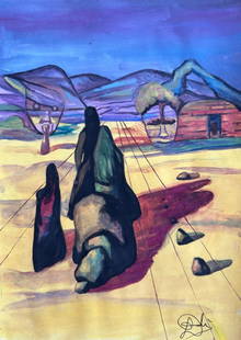 Salvador Dali (Mixed media on Paper Painting) in the style of: Rendered in the surrealist style of Salvador Dali. Technique: Mixed media on Paper Painting. Measures: 11 x 7 3/4 Inches. Provenance: Private Collection. "In the style of" means after the artist.