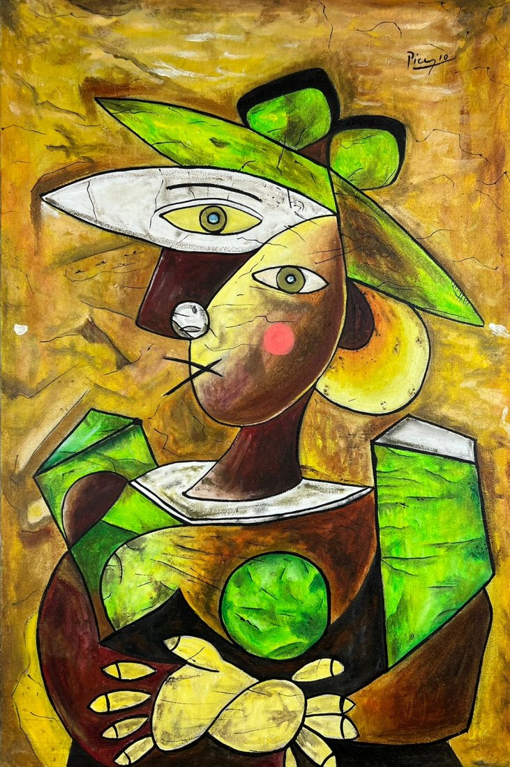 Pablo Picasso (Oil on Canvas Painting) in the style of: Rendered in the Cubist style of Pablo Picasso. Technique: Oil on Canvas Painting. Measures: 15 x 23 Inches. Provenance: Private Collector. "In the style of" means after the artist. The Painting is fra