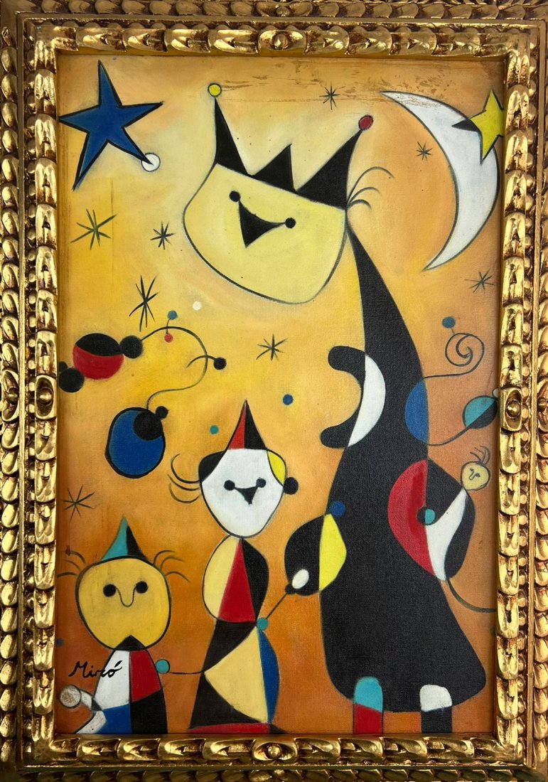 Joan Miro Spanish (Oil on Canvas Painting) in the style of: Rendered in the surrealist style of Joan Miro. Technique: Oil on Canvas Painting. Measures: 21 x 29 Inches. Provenance: From Mr Aritz Campero , Private Collection Barcelona. "In the style of" means af