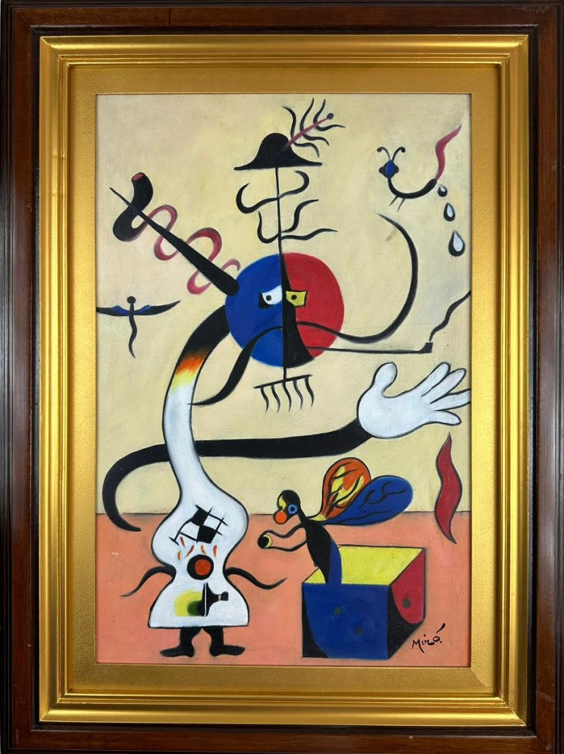 Joan Miro Spanish (Oil on Canvas Painting) in the style of: Rendered in the surrealist style of Joan Miro. Technique: Oil on Canvas Painting. Measures: 21 x 29 Inches. Provenance: From Mr Aritz Campero , Private Collection Barcelona. "In the style of" means af