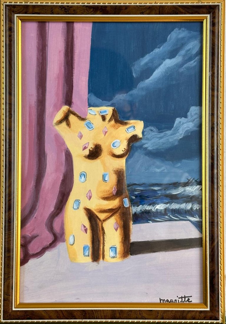 Rene Magritte Belgian ( Mixed media on Paper Painting ) in the style of: Rendered in the style of Rene Magritte. Technique: Mixed media on Paper Painting. Measures framed: 12 1/4 x 8 1/4 Inches. Provenance: Private collection Belgium. "In the style of" means after the arti