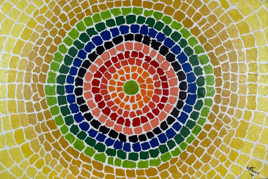 Alma Thomas (Oil on Canvas Painting) in the style of: Rendered in the style of Alma Thomas. Technique: Oil on Canvas Painting. Measures: 15 x 23 Inches. Provenance: Private Collection. Thomas lived between (22 Sep 1891 - 24 Feb 1978) was an African-Ameri