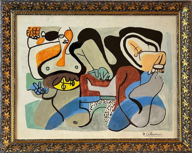 Le Corbusier (Mixed Media on Paper Painting) In the style of: Mixed Media drawing on paper, Rendered in the Modernist style of Le Corbusier. Measures framed: 14 1/2 x 11 1/4 Inches. Provenance: Private Collection. "In the style of" means after the artist. Le