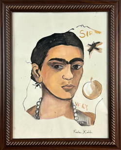 Frida Kahlo (Mixed media on Paper Painting) in the style of: Rendered in the style of Frida Kahlo. Technique: Mixed media on paper painting. Measures framed: 13 1/4 x 10 3/4 inches. Provenance: Private collection. "In the style of" means after the artist.