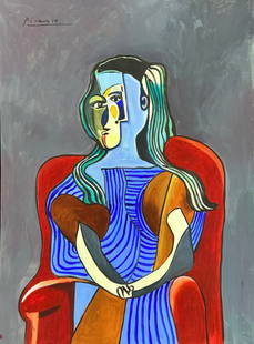 Pablo Picasso (Mixed media on Paper Painting) in the style of: Rendered in the Cubist style of Pablo Picasso. Technique: Mixed media on Paper Painting. Measures: 12 x 9 Inches. Provenance: Private Collector. "In the style of" means after the artist. Picasso