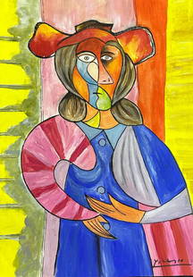 Pablo Picasso (Mixed media on Paper Painting) in the style of: Rendered in the Cubist style of Pablo Picasso. Technique: Mixed media on Paper Painting. Measures: 12 1/2 x 8 3/4 Inches. Provenance: Private Collector. "In the style of" means after the artist. 