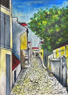 Maurice Utrillo French (Mixed Media on Paper Painting) in the style of: Beautiful French figurative Painting Rendered in the style of Maurice Utrillo . Technique: Mixed media on paper Painting. Measures: 12 x 8 1/2 Inches. Provenance: Private Collection French. Lived