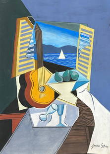 Juan Gris (Mixed media on Paper Painting) In the style of: Rendered in the style of Juan Gris. Technique: Mixed media on Paper painting. Measures: 12 x 8 3/4 Inches. Provenance: Private collection. Live between(23 March 1887 - 11 May 1927), better known as