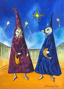 Leonora Carrington (Mixed Media on Paper Painting) in the style of: Rendered in the surrealist style of Leonora Carrington. Technique: Mixed Media on Paper Painting. Measures: 12 x 8 1/2 Inches. Provenance: Private Collection. "In the style of" means after the