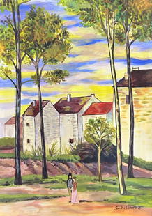 Camille Pissarro (Mixed Media on Paper Painting) in the style of: Rendered in the style of Camille Pissarro. Technique: Mixed media on paper Painting. Measures: 11 3/4 x 8 1/4 Inches. Provenance: Private Collector. "In the style of" means after the artist. Pissarro