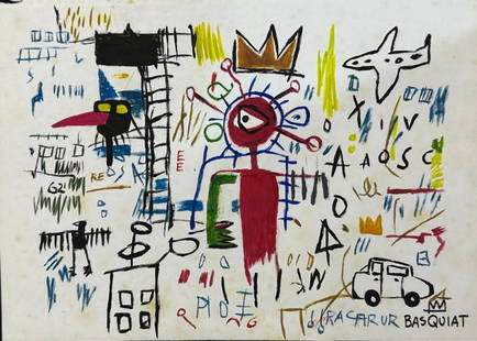 Jean Michel Basquiat (Mixed Media on Paper Painting) in the style of: Rendered in the style of Jean Michel Basquiat. Technique: Mixed Media on Paper Painting. Measures: 11 3/4 x 8 1/2 Inches. "In the style of" means after the artist. Provenance:Private Collection.