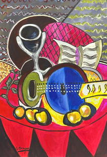 Georges Braque (Mixed Media on Paper Painting) in the style of: Rendered in the cubist style of Georges Braque. Technique: Mixed Media on Paper. Measures: 12 x 8 1/4 Inches. Provenance:Private collection. "In the style of" means after the artist. Lived between 13