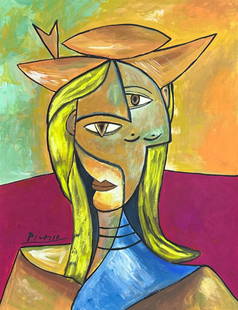 Pablo Picasso (Mixed media on Paper Painting) in the style of: Rendered in the Cubist style of Pablo Picasso. Technique: Mixed media on Paper Painting. Measures: 11 3/4 x 9 Inches. Provenance: Private Collector. "In the style of" means after the artist. Picasso