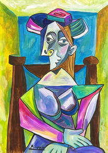 Pablo Picasso (Mixed media on Paper Painting) in the style of: Rendered in the Cubist style of Pablo Picasso. Technique: Mixed media on Paper Painting. Measures: 12 1/2 x 9 Inches. Provenance: Private Collector. "In the style of" means after the artist. 