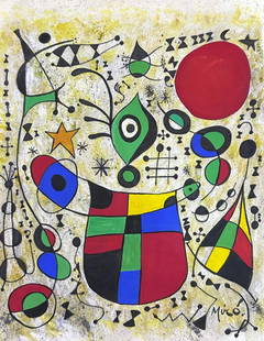 Joan Miro Spanish (Mixed media on Paper Painting) in the style of: Rendered in the surrealist style of Joan Miro. Technique: Mixed media on Paper Painting. Measures: 11 3/4 x 9 Inches. Provenance: From Mr Aritz Campero , Private Collection Barcelona. "In the style