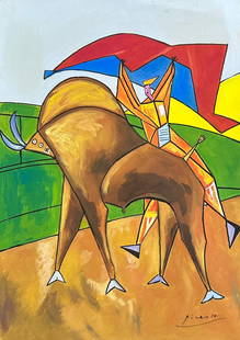 Pablo Picasso (Mixed media on Paper Painting) in the style of: Rendered in the Cubist style of Pablo Picasso. Technique: Mixed media on Paper Painting. Measures: 12 x 8 3/4 Inches. Provenance: Private Collector. "In the style of" means after the artist. Picasso