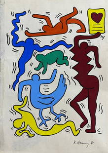 Keith Haring American (Mixed media on Paper Painting) in the style of: Rendered in the style of Keith Haring. Technique: Mixed Media on Paper Painting. Measures: 12 1/4 x 8 1/2 Inches. Provenance: Private Collection.m"In the style of" means after the artist. Haring