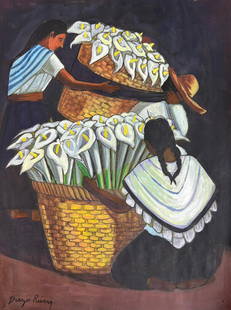 Diego Rivera (Mixed Media on Paper Painting) in the style of: Rendered in the Style of Diego Rivera. Technique: Mixed media on paper painting. Measures: 11 1/2 x 8 1/2 Inches. Provenance: Provenance: Private collection. "In the style of" means after the