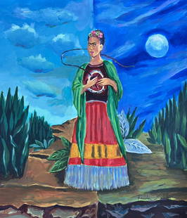 Frida Kahlo (Mixed media on Paper Painting) in the style of: Rendered in the style of Frida Kahlo. Technique: Mixed media on paper painting. Measures: 11 3/4 x 10 1/4 inches. Provenance: Private collection. "In the style of" means after the artist. Lived