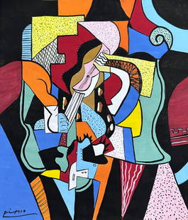 Pablo Picasso (Mixed media on Paper Painting) in the style of: Rendered in the Cubist style of Pablo Picasso. Technique: Mixed media on Paper Painting. Measures: 11 3/4 x 10 1/4 Inches. Provenance: Private Collector. "In the style of" means after the artist. 