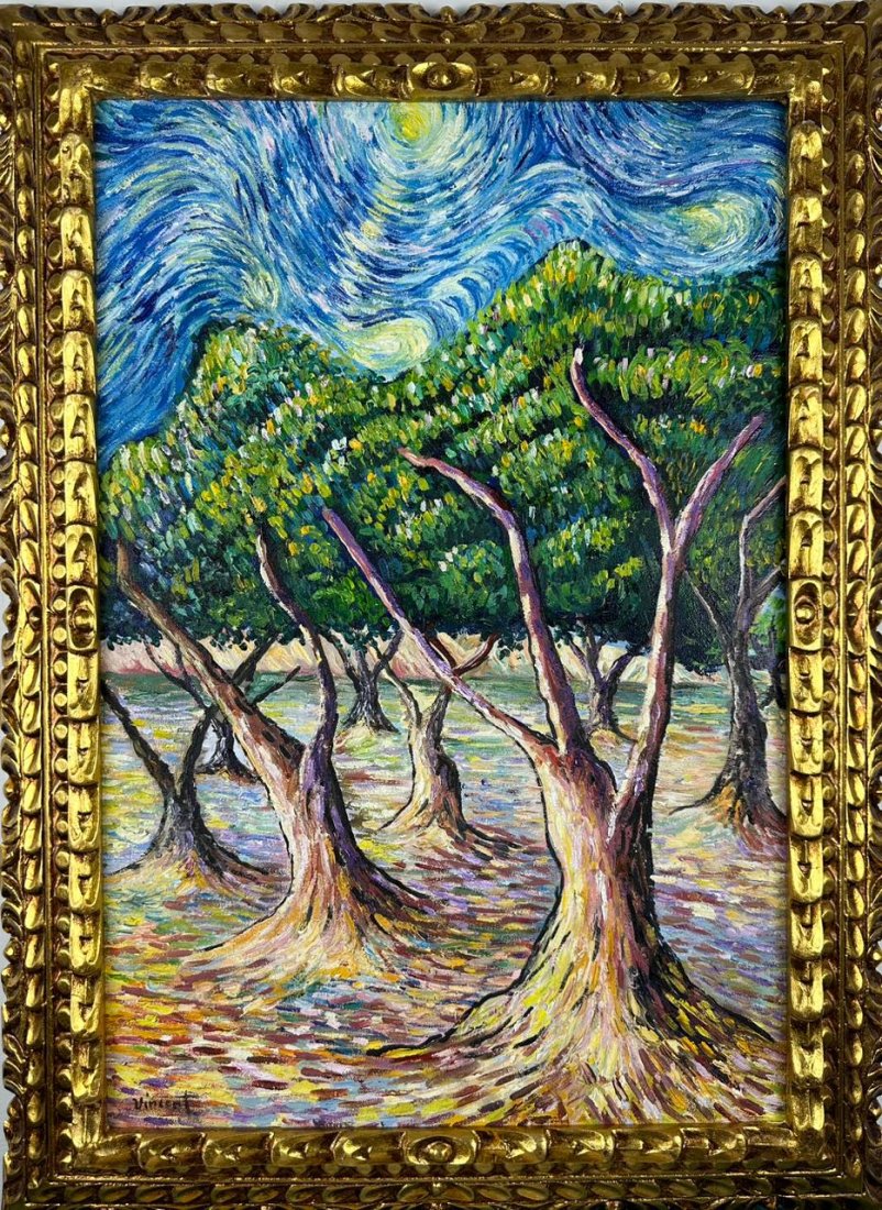 Vincent van Gogh Dutch (Oil on Canvas Painting) in the style of: Rendered in the style of Vincent van Gogh. Technique: Oil on Canvas painting. Measures with frame: 21 x 29 Inches. Provenance: Private collection Europe. "In the style of" means after the artist. The 