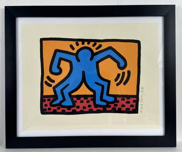 Keith Haring American (Mixed media on Paper Painting) in the style of: Rendered in the style of Keith Haring. Technique: Mixed Media on Paper Painting. Measures: 20 x 16 1/2 Inches aprox. The work is framed. Provenance: Private Collection. "In the style of" means after