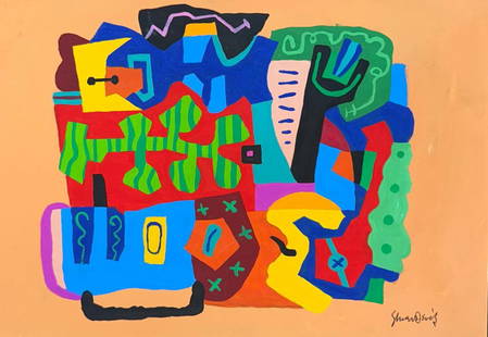 Stuart Davis (Mixed media on Paper Painting) In the style of: Mixed media painting on paper, Rendered in the style of Stuart Davis. Measures: 12” x 8 1/4” Inches aprox. Provenance: Private Collection of N.Y. "In the style of" means after the artist.