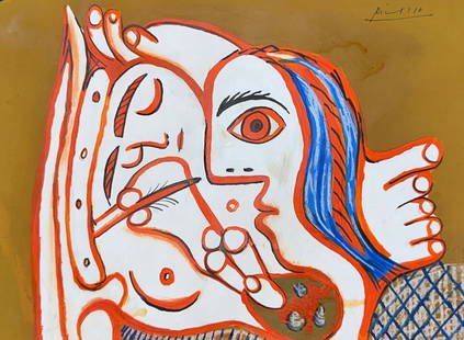 Pablo Picasso (Mixed media on Paper Painting) in the style of: Rendered in the Cubist style of Pablo Picasso. Technique: Mixed media on Paper Painting. Measures: 11 3/4 x 8 3/4 Inches. Provenance: Private Collector. "In the style of" means after the artist. 