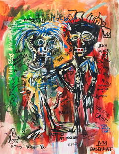 Jean Michel Basquiat (Mixed Media on Paper Painting) in the style of: Rendered in the style of Jean Michel Basquiat. Technique: Mixed Media on Paper Painting. Measures: 12 3/4 x 9 3/4 Inches aprox. "In the style of" means after the artist. Provenance:Private Collection.