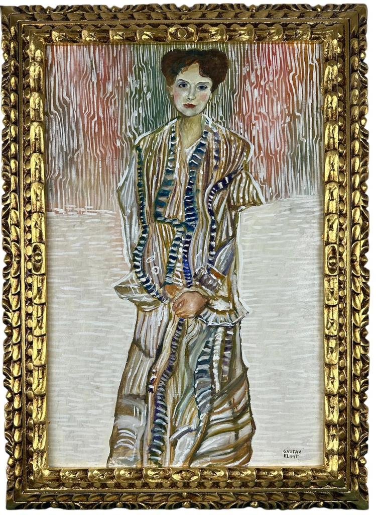 Gustav Klimt (Oil on Canvas Painting) in the style of: Rendered in the style of Gustav Klimt. Technique: Oil on Canvas Painting. Measures: 29 x 21 Inches. Provenance:Private Collection. The Painting is framed. "In the style of" means after the artist Live