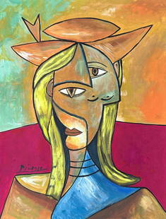 Pablo Picasso (Mixed media on Paper Painting) in the style of: Rendered in the Cubist style of Pablo Picasso. Technique: Mixed media on Paper Painting. Measures: 11 1/2 x 9 Inches. Provenance: Private Collector. "In the style of" means after the artist. Picasso l