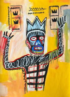 Jean Michel Basquiat (Mixed Media on Paper Painting) in the style of: Rendered in the style of Jean Michel Basquiat. Technique: Mixed Media on Paper Painting. Measures: 11 1/2 x 8 1/2 Inches. "In the style of" means after the artist. Provenance:Private Collection. The P