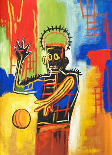 Jean Michel Basquiat (Mixed Media on Paper Painting) in the style of: Rendered in the style of Jean Michel Basquiat. Technique: Mixed Media on Paper Painting. Measures: 11 1/2 x 8 1/2 Inches. "In the style of" means after the artist. Provenance:Private Collection. The P