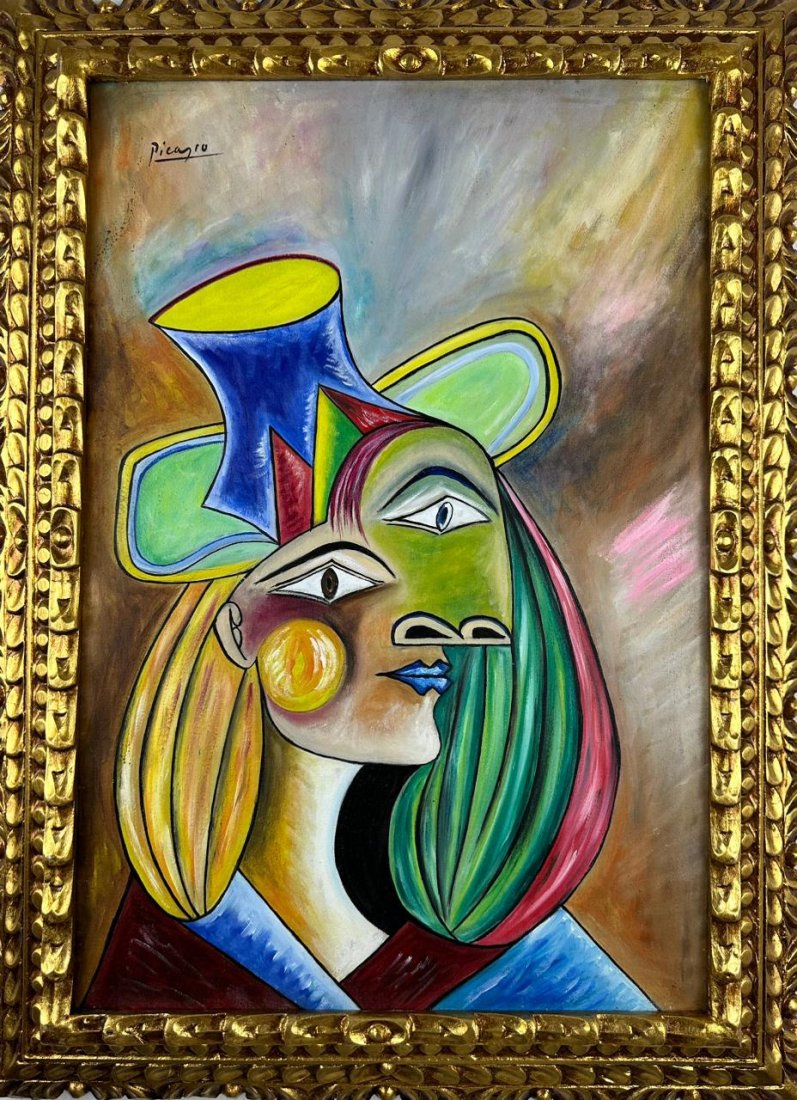 Pablo Picasso Spanish (Oil on Canvas Painting) style of: Beautiful oil on canvas Painting,Rendered in the cubist style of Pablo Picasso. Technique: Oil on Canvas. Measures: 21 x 29 Inches. Provenance:Private Collection Acquired by descent in 1975 France,Pri