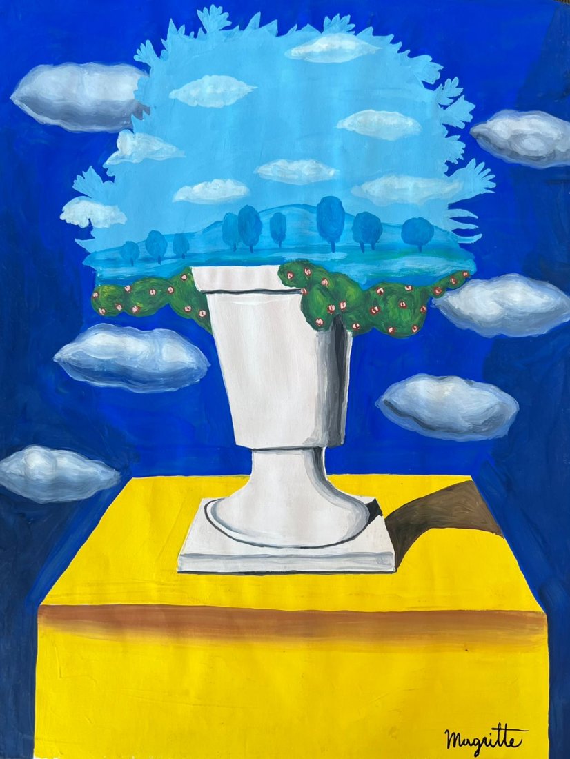 Rene Magritte Belgian ( Mixed media on Paper Painting ) in the style of: Rendered in the style of Rene Magritte. Technique: Mixed media on Paper Painting. Measures: 10 x 8 Inches. Provenance: Private collection Belgium. "In the style of" means after the artist. Lived betwe