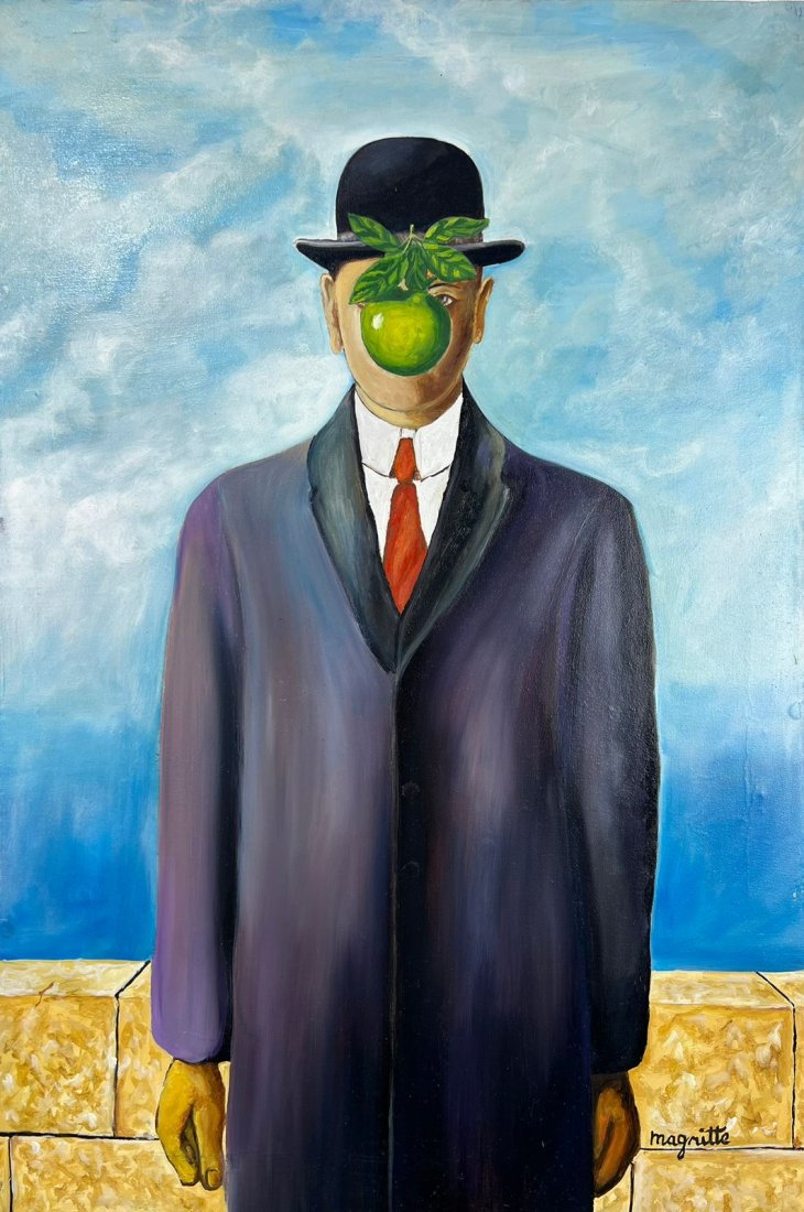Rene Magritte Belgian ( Oil on Canvas Painting ) in the style of: Rendered in the style of Rene Magritte. Technique: Oil on canvas Painting. Measures: 23 x 15 Inches. Provenance: Private collection Belgium. "In the style of" means after the artist. Lived between (21
