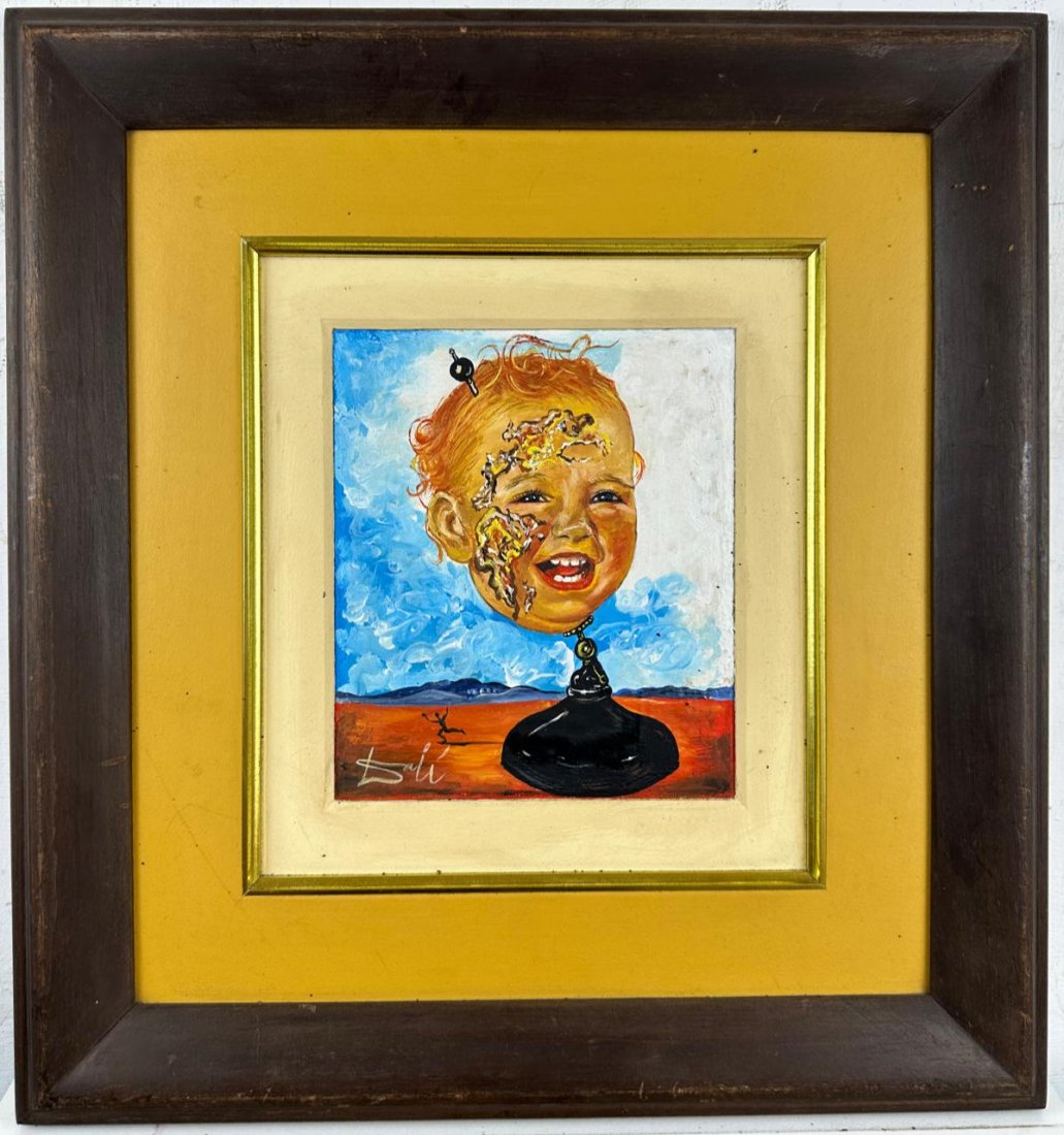 Salvador Dali (Oil on Masonite Painting) in the style of: Rendered in the surrealist style of Salvador Dali. Technique: Oil on Masonite Painting. Measures framed: 17 x 18 Inches aprox. Measures unframed: 9 x 9 Inches aprox. Provenance: Private Collection. "I