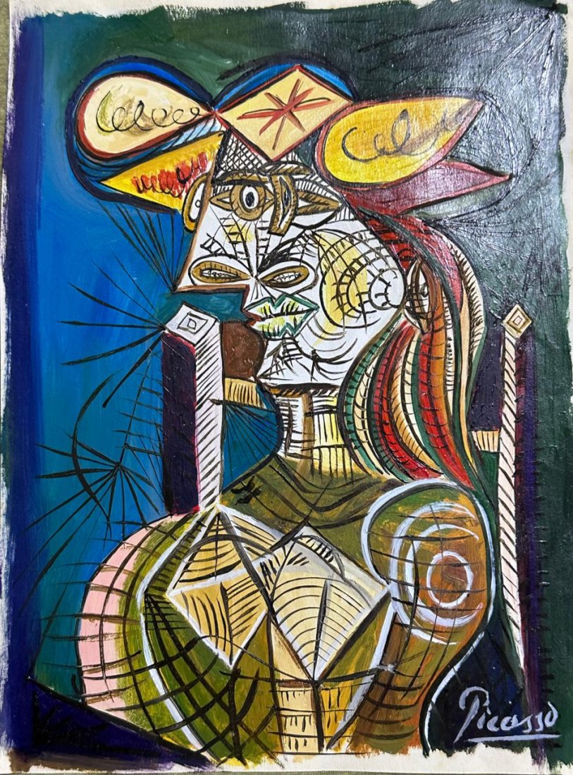 Pablo Picasso (Oil on Paper Painting) in the style of: Rendered in the Cubist style of Pablo Picasso. Technique: Oil on Paper Painting. Measures: 12 1/2 x 9 1/4 Inches. Provenance: Private Collector. "In the style of" means after the artist. Picasso lived