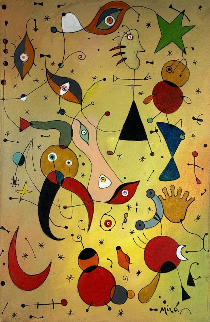 Joan Miro Spanish (Oil on Canvas Painting) in the style of: Rendered in the surrealist style of Joan Miro. Technique: Oil on Canvas Painting. Measures: 15 x 23 Inches. Provenance: From Mr Aritz Campero , Private Collection Barcelona. "In the style of" means af