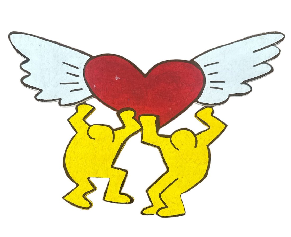 Keith Haring American (Acrylic on Wood Cut) in the style of: Rendered in the style of Keith Haring. Technique: Acrylic on Wood Cut Painting. Measures: 11 1/4 x 6 3/4 Inches aprox. Provenance: Private Collection.m"In the style of" means after the artist. Haring