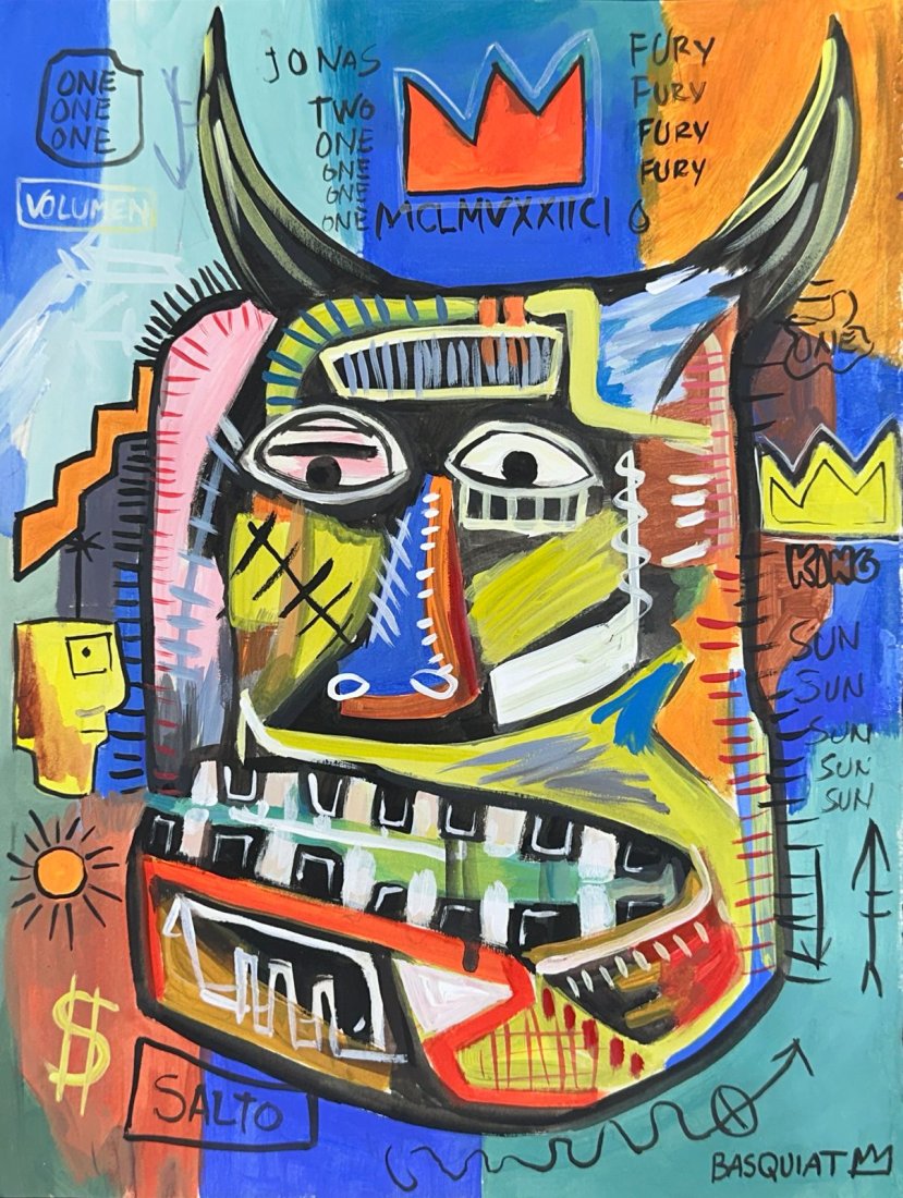 Jean Michel Basquiat (Mixed Media on Paper Painting) in the style of: Rendered in the style of Jean Michel Basquiat. Technique: Mixed Media on Paper Painting. Measures: 12 x 9 1/4 Inches. "In the style of" means after the artist. Provenance:Private Collection. Lived bet