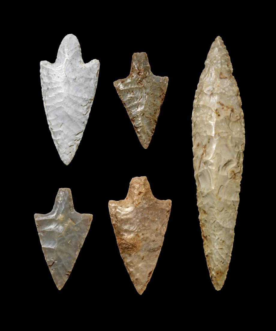 Prehistory: Neolithic arrow heads. Apulia, 4500 - 2200 BC. Length 3,8 to 9,7cm. Types 1x Leaf and 4x Barbed and Tanged. All intact. 5 pieces! Neolithische Pfeilspitzen. Apulien, 4500 - 2200 v. Chr. L 3,8 bis 9,7c