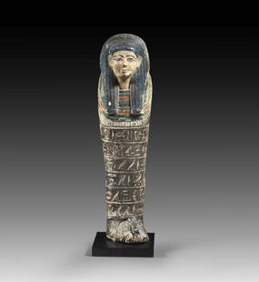 Uschebti des Tel.: Shabti of Tel. New Kingdom, 18th dynasty, reign of Thutmose III, 1479 - 1426 BC. H 24.3cm. Limestone, polychrome painted. Probably from Deir el-Medineh, Thebes West, eastern necropolis. Finely worked