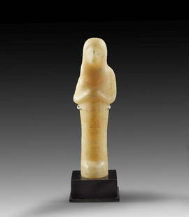 Uschebti des Mentu-Imen.: Shabti of Mentu-Imen. New Kingdom, 19th/20th dynasty, Ramesside, ca. 1292-1070 BC. Alabaster, Details painted in black and red colour. H 20.5cm. Mummy-shaped with tripartite wig and crossed hands.